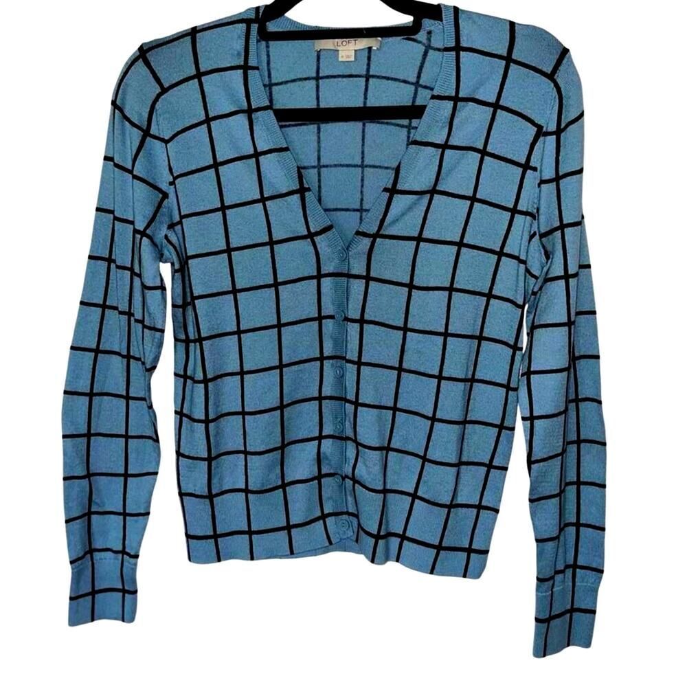 LOFT Ann Taylor Blue‎ Black Windowpane Grid Cotton V-Neck Cardigan Sweater M
